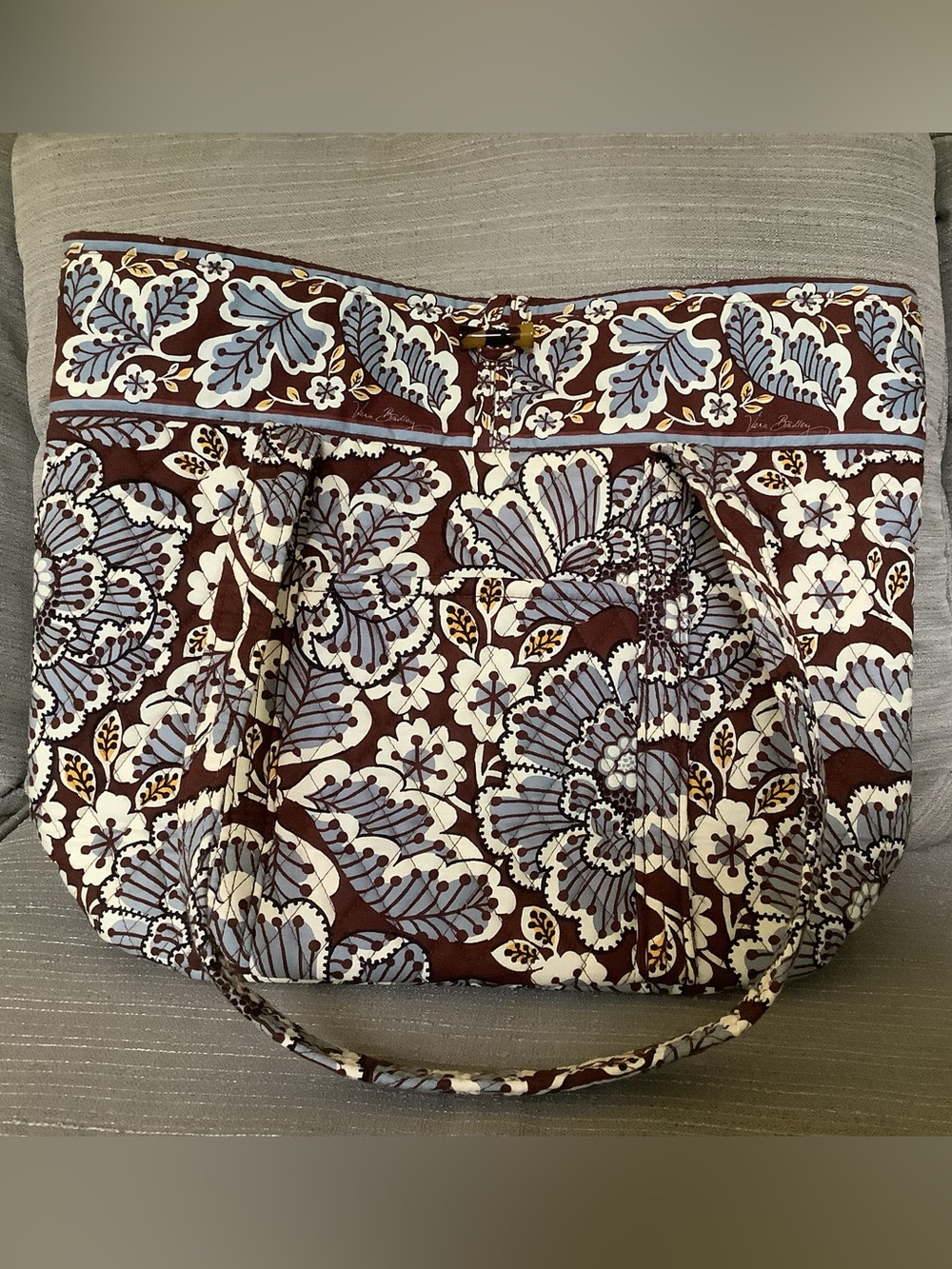 Vera Bradley Brown Floral Quilted Tote with Light Blue and Cream Accents